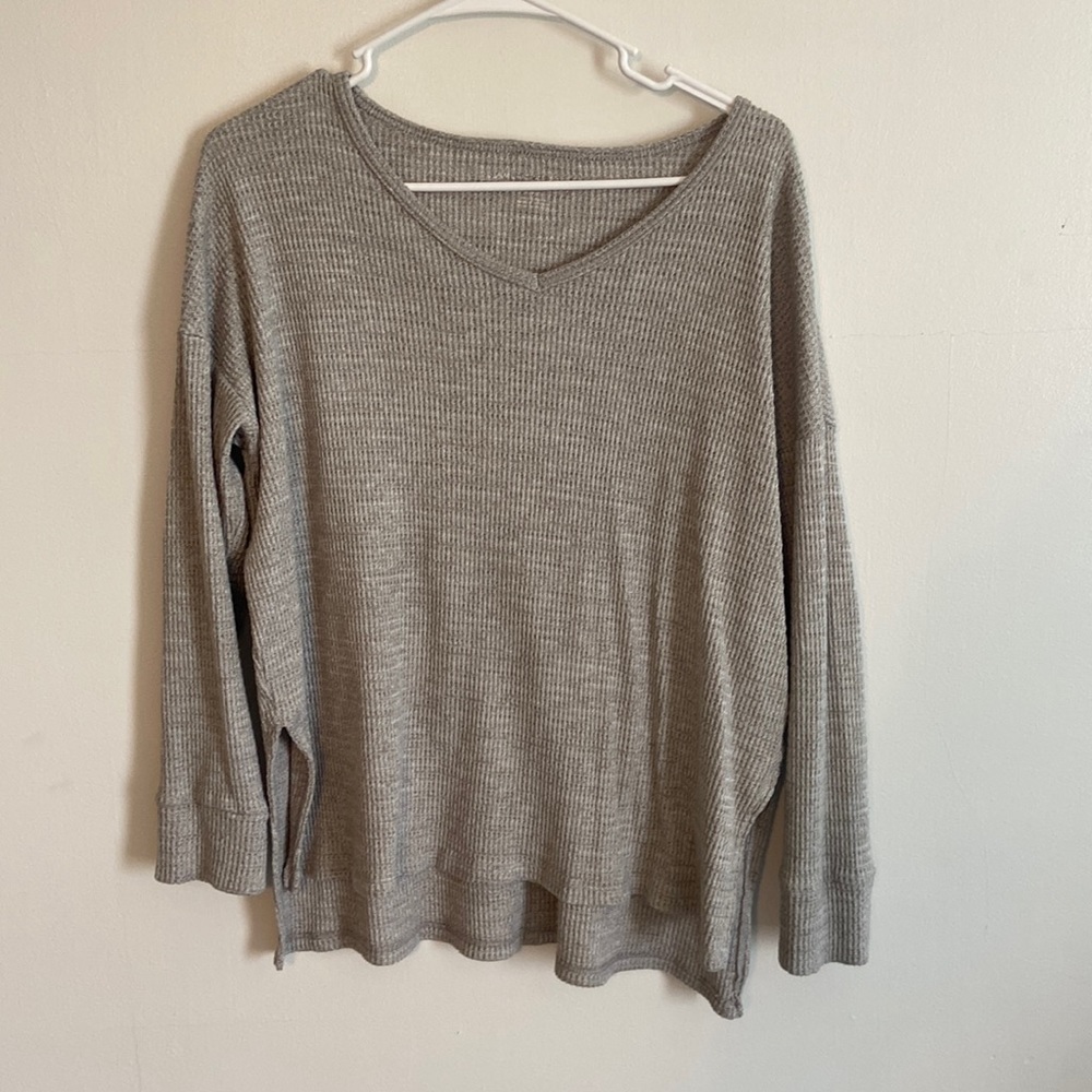 Gray knitted blouse, says so small fits more like medium